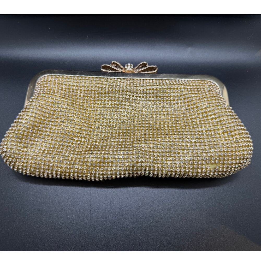 Like Dreams Gold Tone Clear Rhinestone Bow Crystals Handbag Flaws